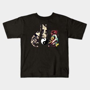 THREE JAPANESE CATS IN SKULL,SKELETON TATTOOS AND YIN YANG SYMBOL Kids T-Shirt